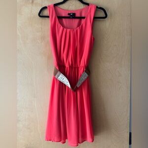 Coral Sleeveless Dress with Brown Lace Belt